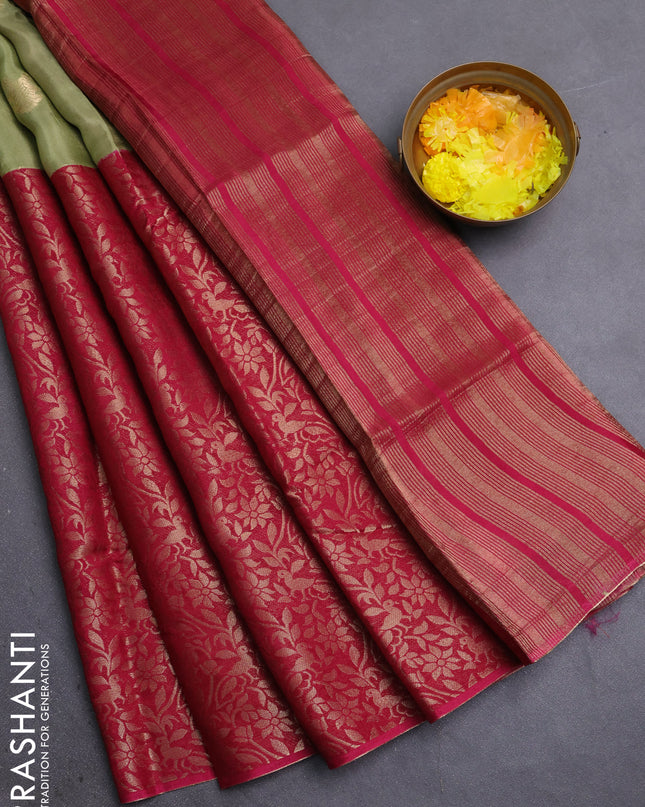 Semi mysore silk saree pastel green and pink with half & half style and long zari woven border