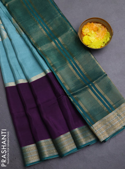 Semi mysore silk saree pastel green violet and peacock green with zari woven buttas and rettapet zari woven border