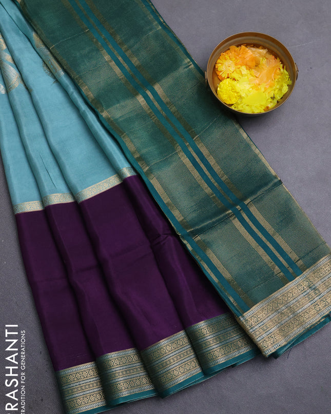 Semi mysore silk saree pastel green violet and peacock green with zari woven buttas and rettapet zari woven border