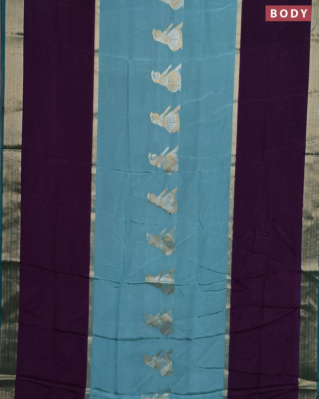 Semi mysore silk saree pastel green violet and peacock green with zari woven buttas and rettapet zari woven border