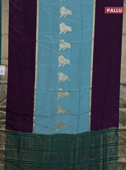 Semi mysore silk saree pastel green violet and peacock green with zari woven buttas and rettapet zari woven border