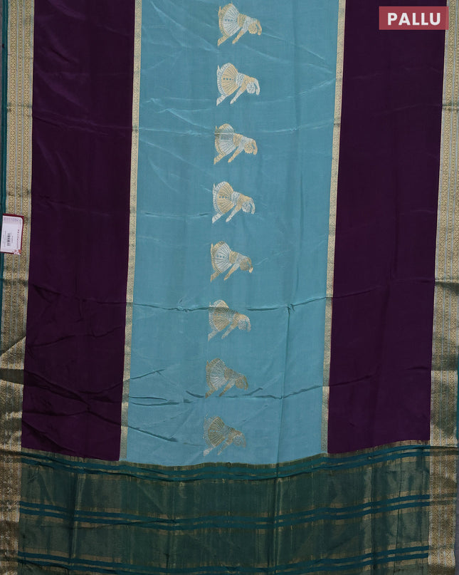 Semi mysore silk saree pastel green violet and peacock green with zari woven buttas and rettapet zari woven border
