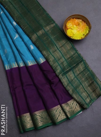 Semi mysore silk saree blue shade violet and green with zari woven buttas and rettapet zari woven border