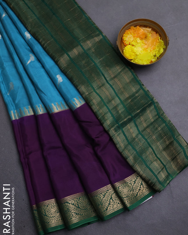 Semi mysore silk saree blue shade violet and green with zari woven buttas and rettapet zari woven border
