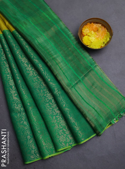 Semi mysore silk saree lime yellow and green with half & half style and long zari woven border