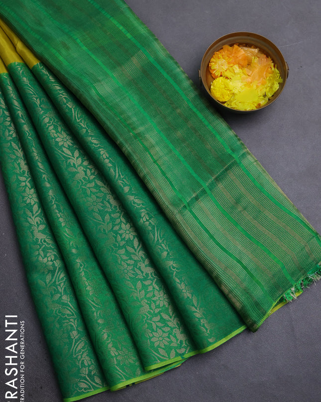 Semi mysore silk saree lime yellow and green with half & half style and long zari woven border