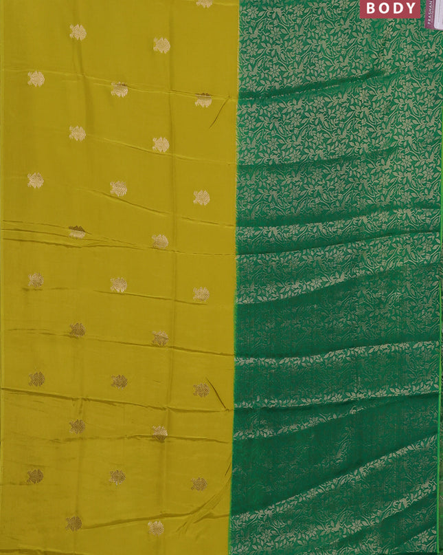 Semi mysore silk saree lime yellow and green with half & half style and long zari woven border
