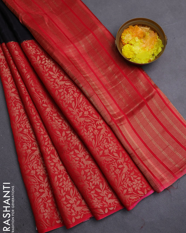 Semi mysore silk saree black and red with half & half style and long zari woven border