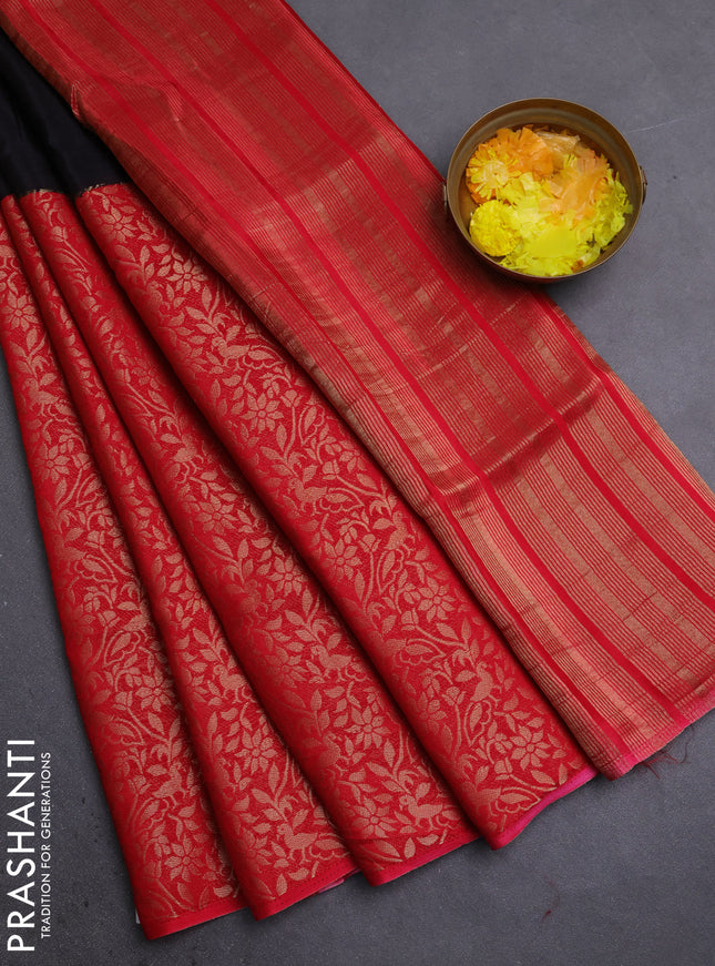 Semi mysore silk saree black and red with half & half style and long zari woven border