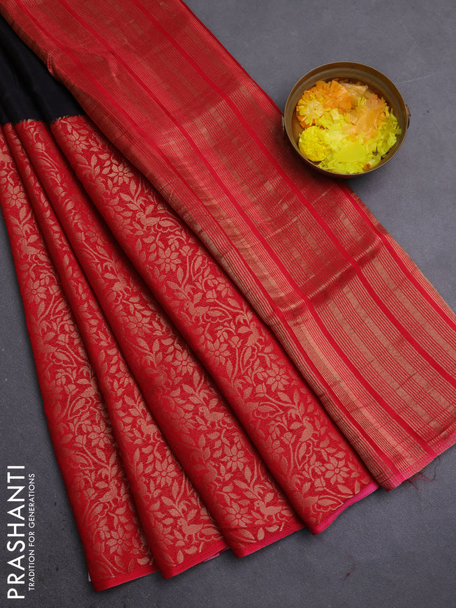 Semi mysore silk saree black and red with half & half style and long zari woven border