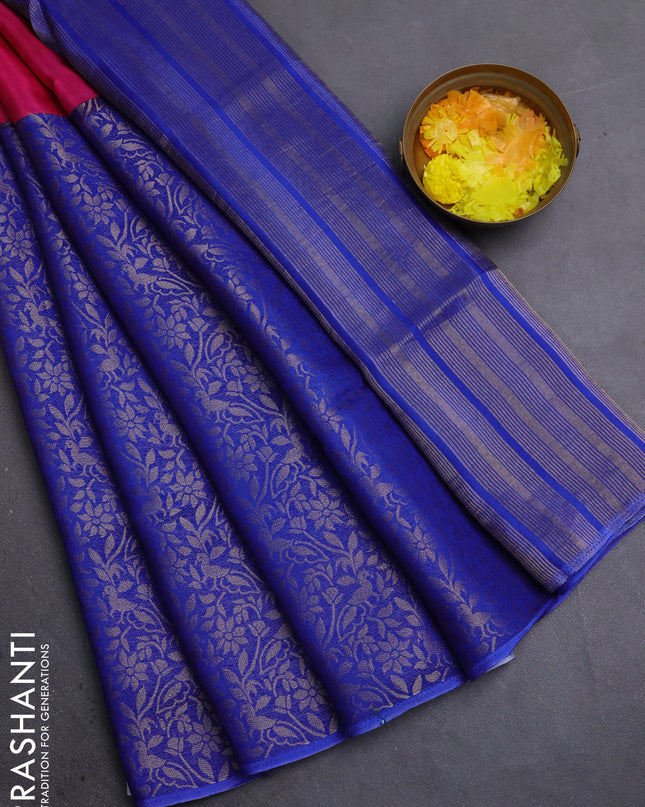Semi mysore silk saree pink and blue with half & half style and long zari woven border