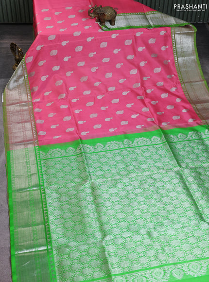 Venkatagiri silk saree light pink and light green with silver zari woven buttas and silver zari woven border