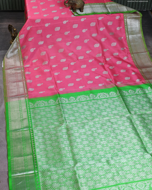 Venkatagiri silk saree light pink and light green with silver zari woven buttas and silver zari woven border