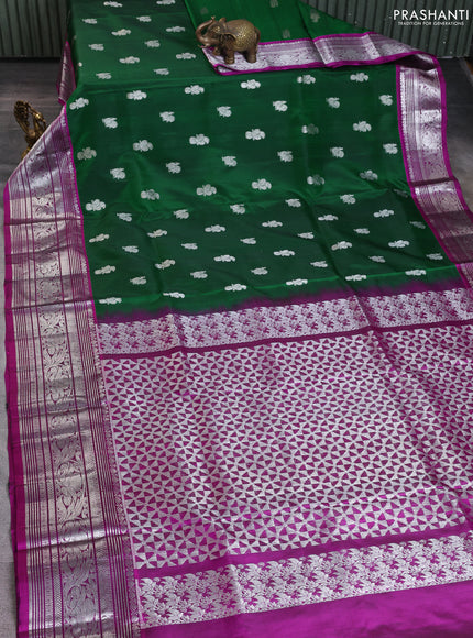 Venkatagiri silk saree green and purple with silver zari woven buttas and silver zari woven border