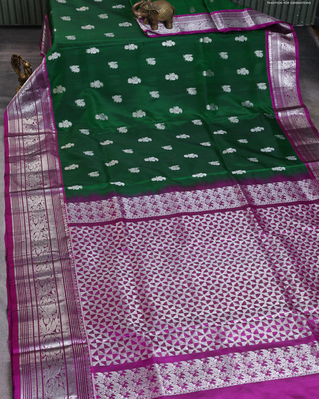 Venkatagiri silk saree green and purple with silver zari woven buttas and silver zari woven border