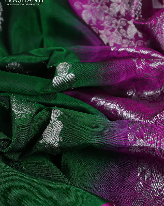 Venkatagiri silk saree green and purple with silver zari woven buttas and silver zari woven border