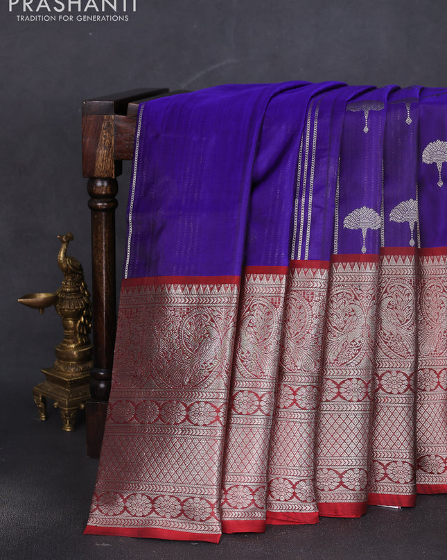 Venkatagiri silk saree blue and maroon with allover silver zari weaves and long silver zari woven border
