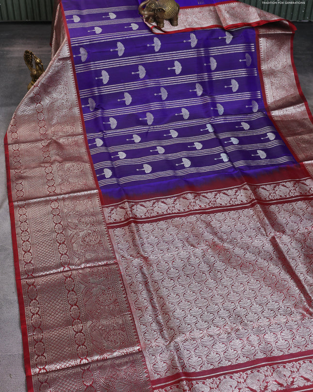 Venkatagiri silk saree blue and maroon with allover silver zari weaves and long silver zari woven border