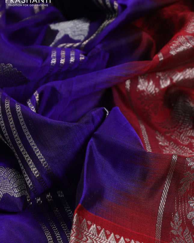 Venkatagiri silk saree blue and maroon with allover silver zari weaves and long silver zari woven border