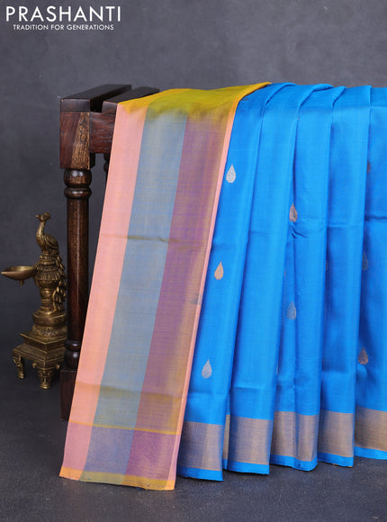 Pure uppada partly silk saree cs blue and multi colour with silver & gold zari woven tilak buttas and zari woven border