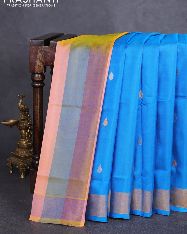 Pure uppada partly silk saree cs blue and multi colour with silver & gold zari woven tilak buttas and zari woven border