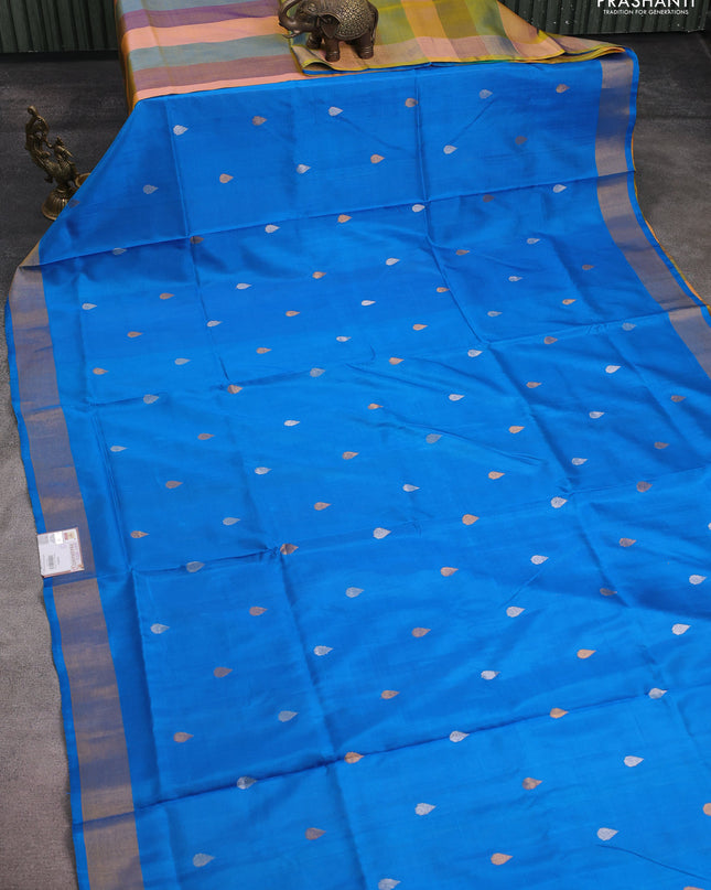 Pure uppada partly silk saree cs blue and multi colour with silver & gold zari woven tilak buttas and zari woven border