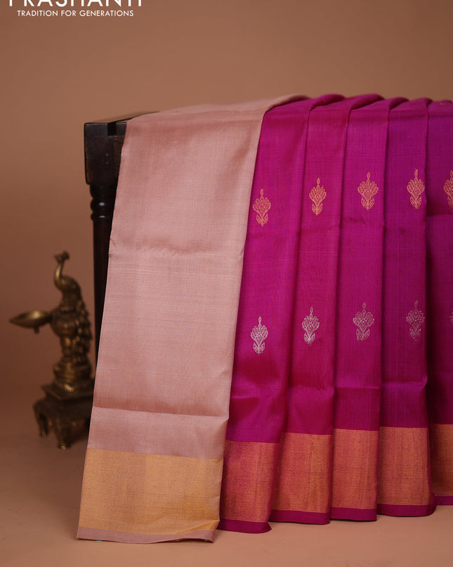 Pure uppada silk saree pink and blue with silver & gold zari woven buttas and zari woven border
