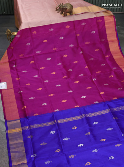 Pure uppada silk saree pink and blue with silver & gold zari woven buttas and zari woven border