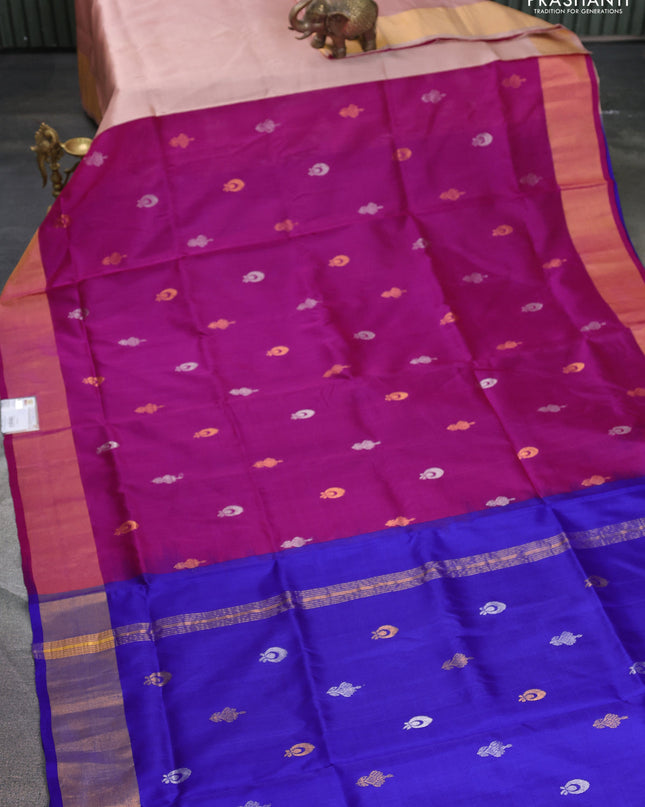 Pure uppada silk saree pink and blue with silver & gold zari woven buttas and zari woven border