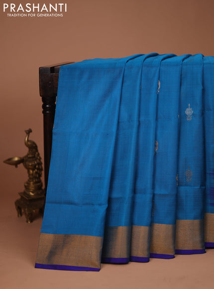 Pure uppada silk saree cs blue and blue with silver & gold zari woven buttas and zari woven border