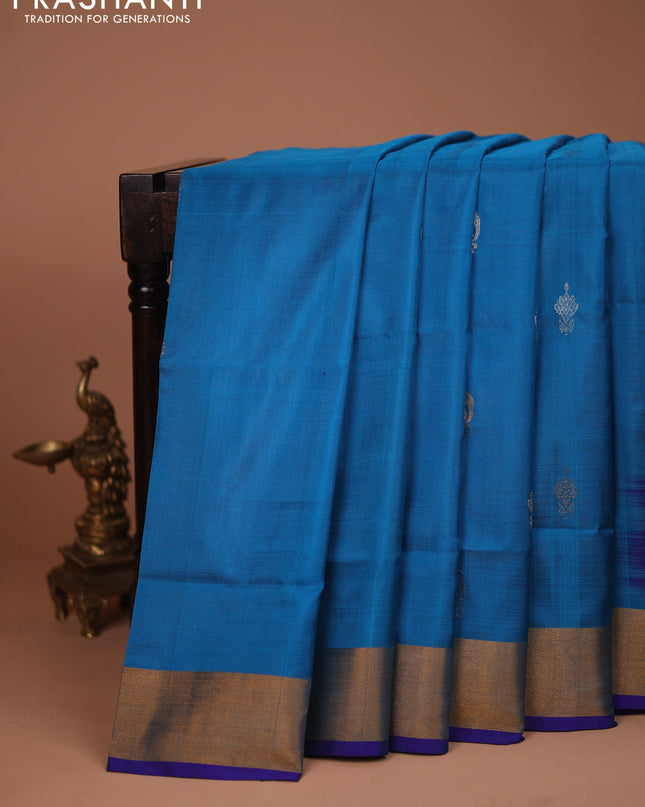 Pure uppada silk saree cs blue and blue with silver & gold zari woven buttas and zari woven border