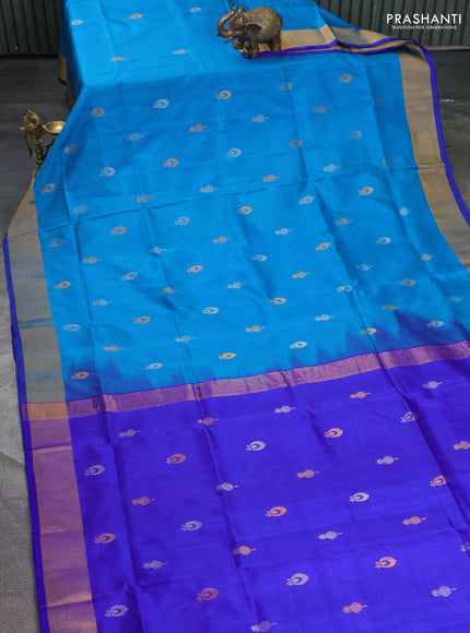 Pure uppada silk saree cs blue and blue with silver & gold zari woven buttas and zari woven border
