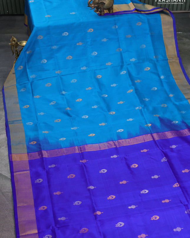 Pure uppada silk saree cs blue and blue with silver & gold zari woven buttas and zari woven border