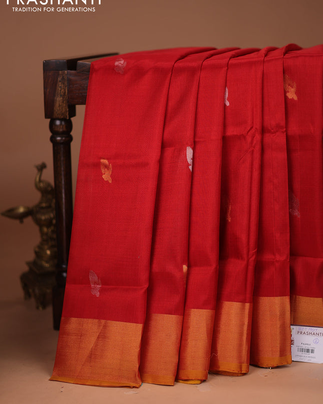 Pure uppada silk saree red and mustard yellow with silver & gold zari woven buttas and zari woven border