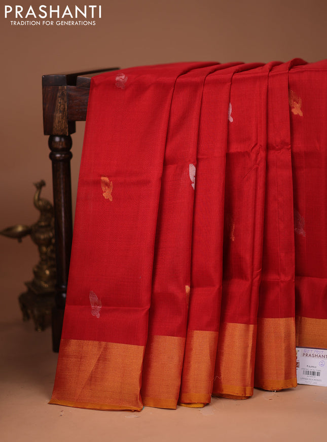 Pure uppada silk saree red and mustard yellow with silver & gold zari woven buttas and zari woven border