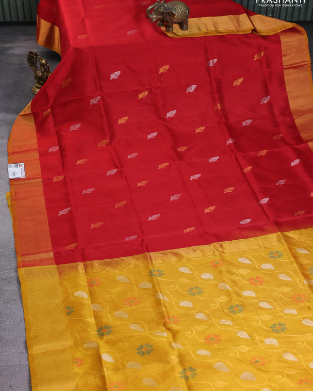 Pure uppada silk saree red and mustard yellow with silver & gold zari woven buttas and zari woven border