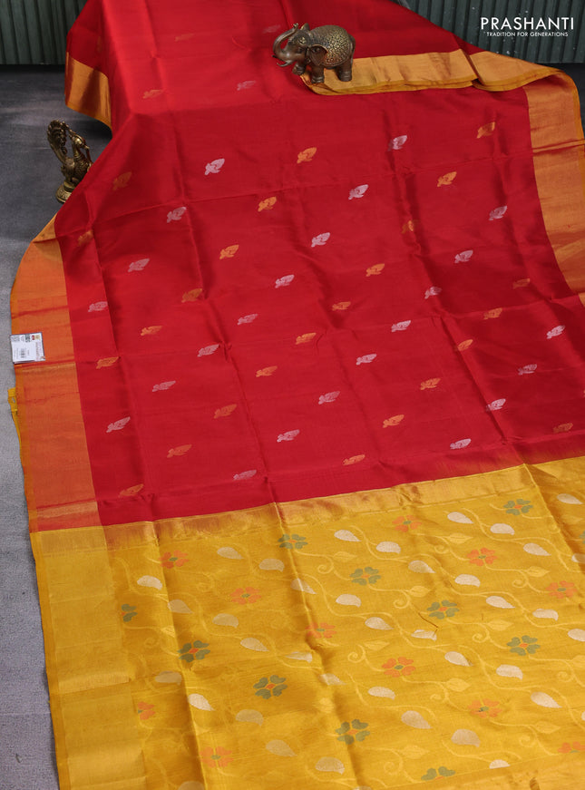 Pure uppada silk saree red and mustard yellow with silver & gold zari woven buttas and zari woven border