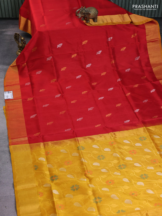 Pure uppada silk saree red and mustard yellow with silver & gold zari woven buttas and zari woven border