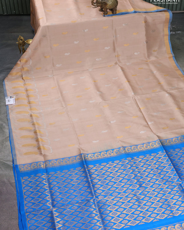 Pure uppada silk saree sandal and cs blue with silver & gold paisley zari woven buttas and rich zari woven border