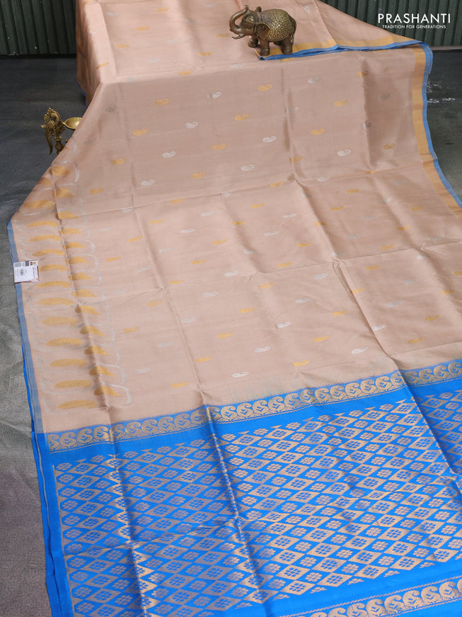 Pure uppada silk saree sandal and cs blue with silver & gold paisley zari woven buttas and rich zari woven border