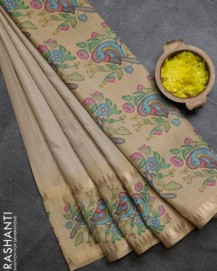 Art tussar saree beige and sandal with plain body and tanjore printed border