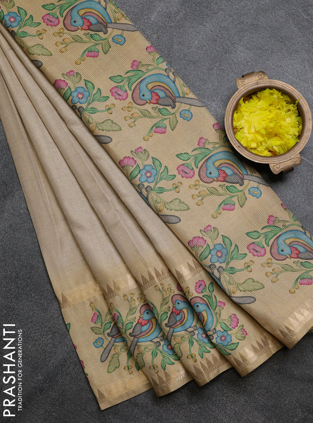 Art tussar saree beige and sandal with plain body and tanjore printed border