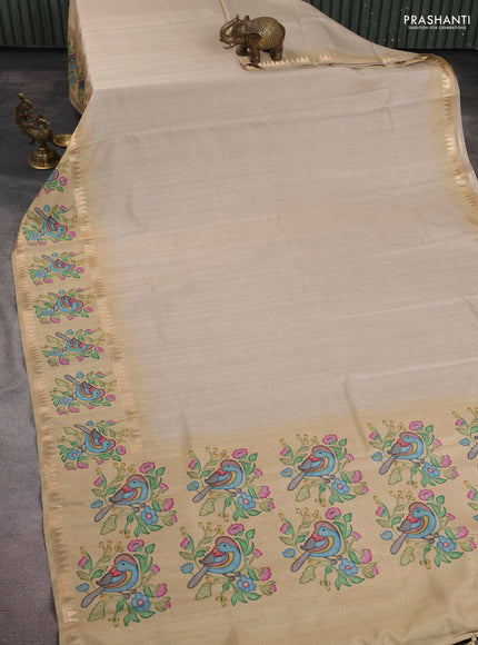 Art tussar saree beige and sandal with plain body and tanjore printed border