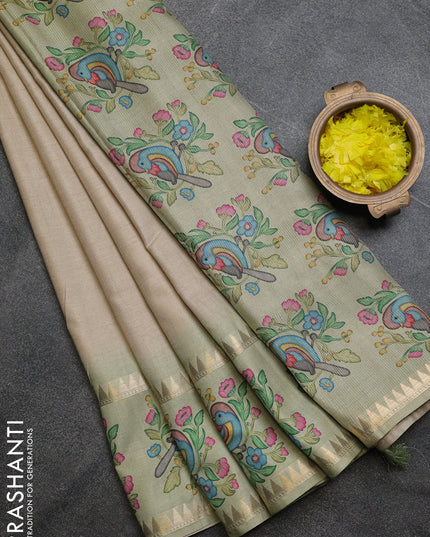 Art tussar saree beige and pista green with plain body and tanjore printed border