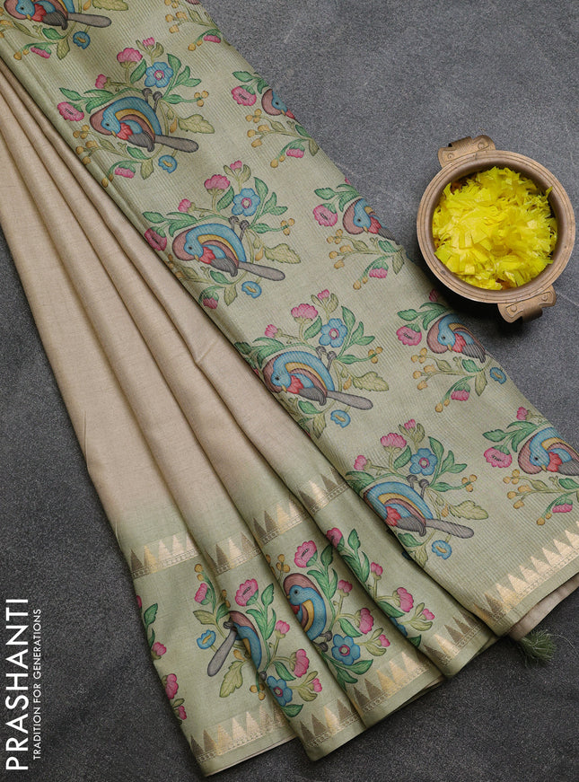 Art tussar saree beige and pista green with plain body and tanjore printed border