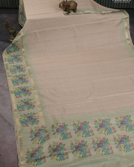 Art tussar saree beige and pista green with plain body and tanjore printed border