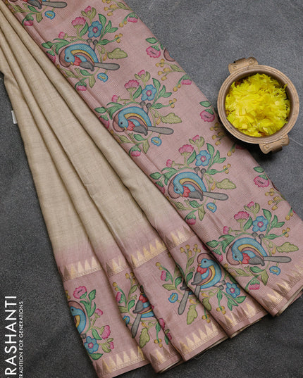 Art tussar saree beige and pink with plain body and tanjore printed border