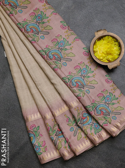 Art tussar saree beige and pink with plain body and tanjore printed border