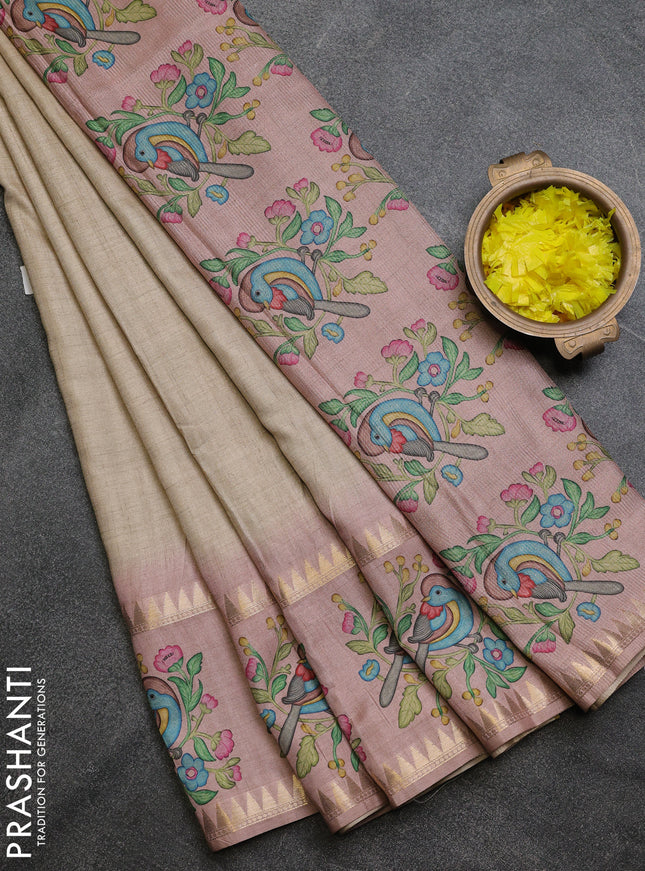 Art tussar saree beige and pink with plain body and tanjore printed border