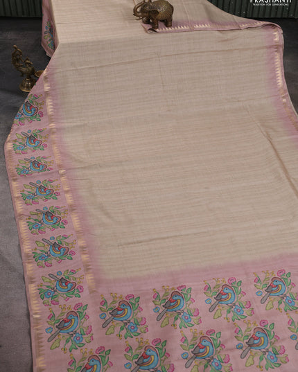 Art tussar saree beige and pink with plain body and tanjore printed border
